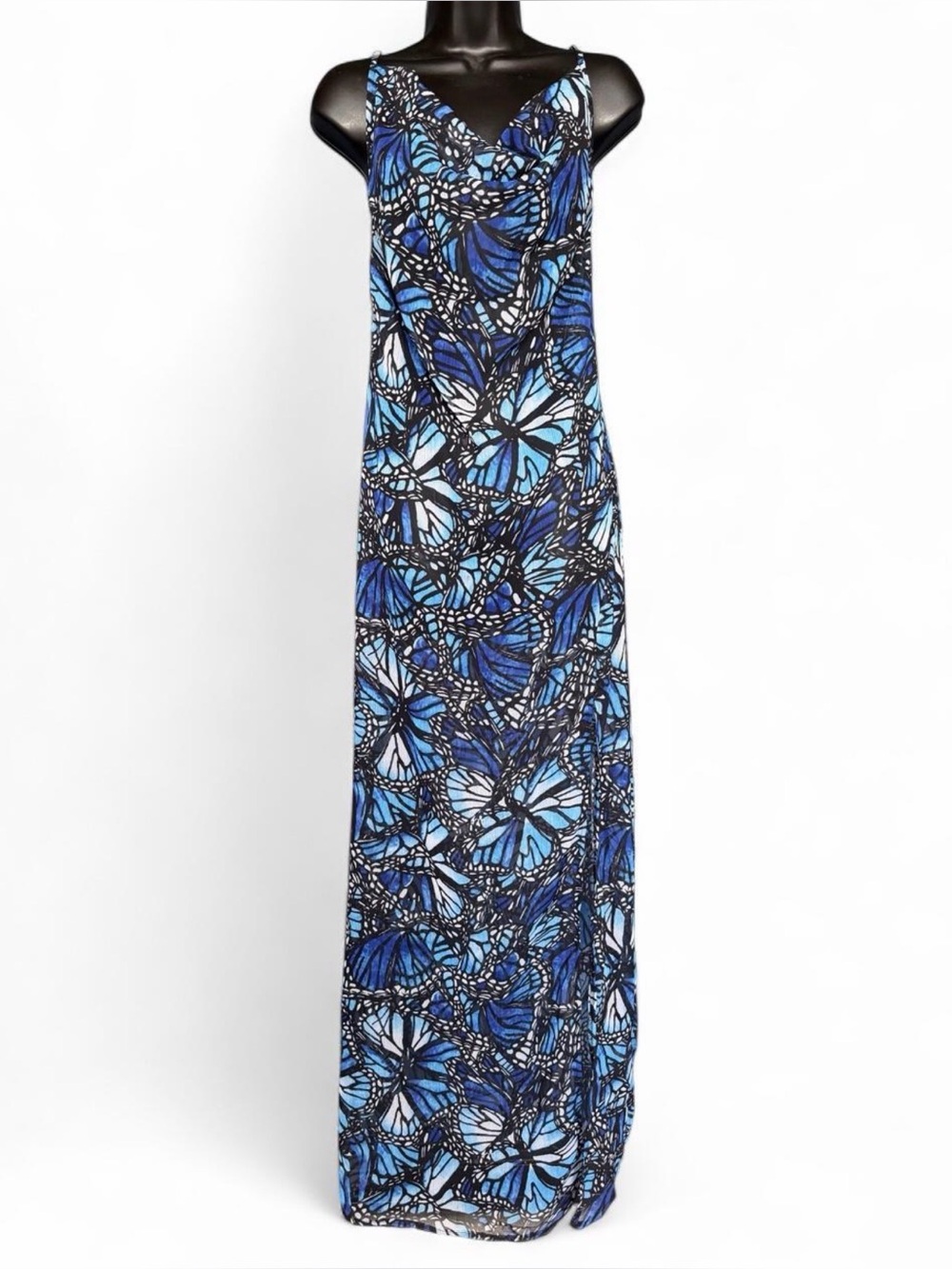 Blue Butterfly Print Maxi See Through Dress